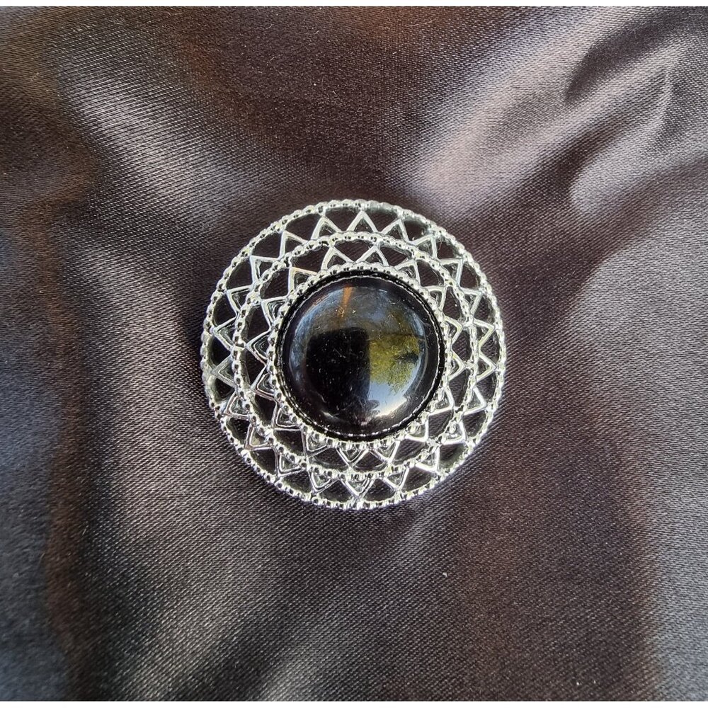 Vintage SARAH COVENTRY Signed Round Brooch Pin Black And Silver